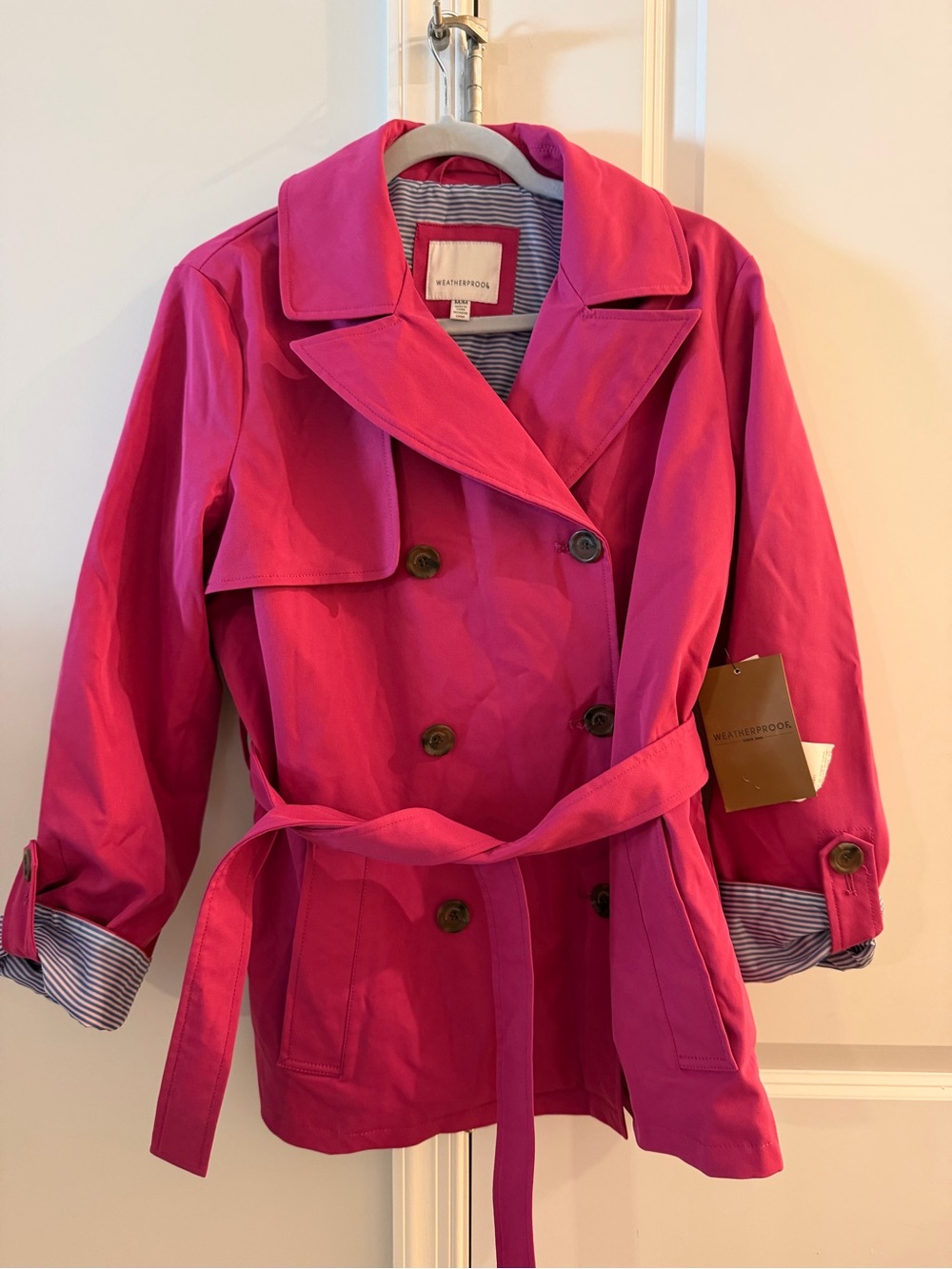 Weatherproof Hot Pink Double-Breasted Trench Coat with Waist Tie